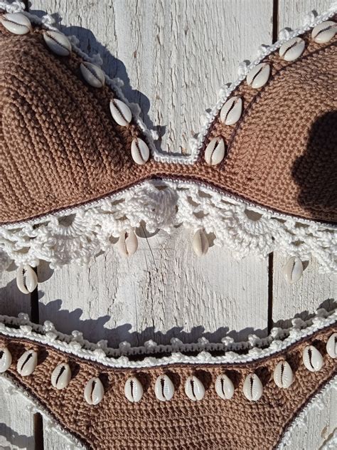 Crochet Bikini Set High Hip In Tan Bronze With Lace Edgings Etsy