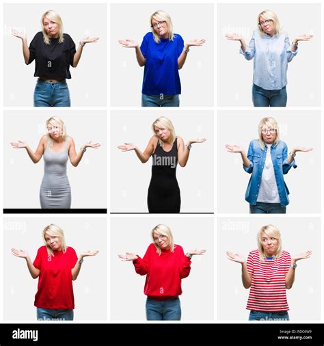 Collage de belle blonde woman occasionnels différents donne sur fond isolé clueless et