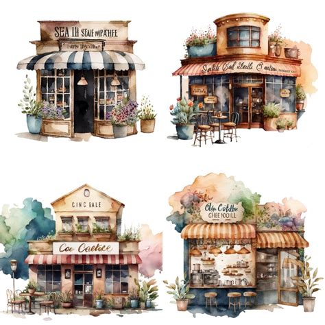 Watercolor Cafe Storefronts Coffee Shop Clipart Cute Cafe Etsy