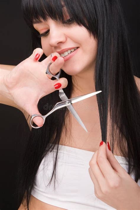 Brunette With Scissors Of The Hairdresser Stock Image Image Of Close Locks