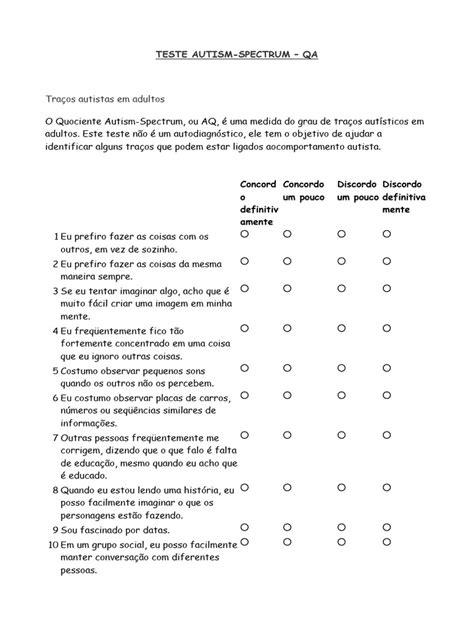 Teste AQ: Avaliação de Traços Autistas em Adultos | PDF | Espectro do ...