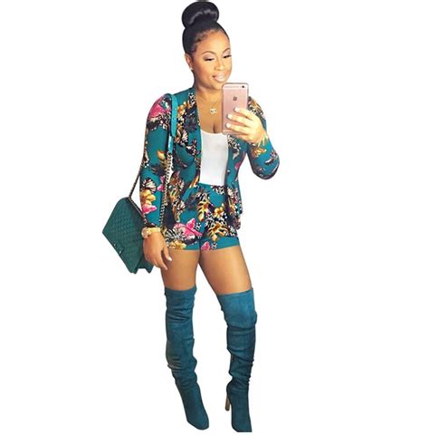 Floral Print Two Piece Set Women Blazer And Shorts Set Feminino Work