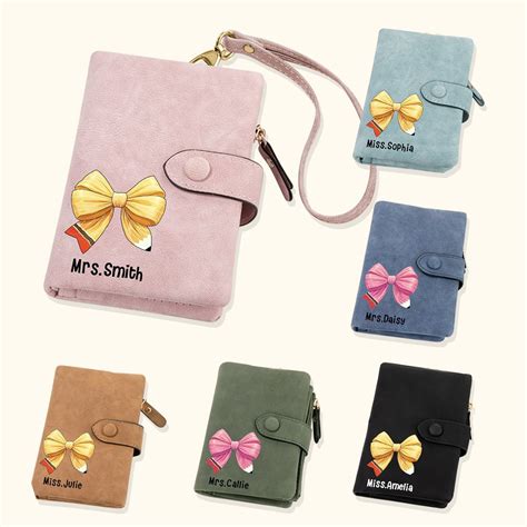 Personalized Tri Fold Coquette Bow Pencil Leather Wallet With Name And