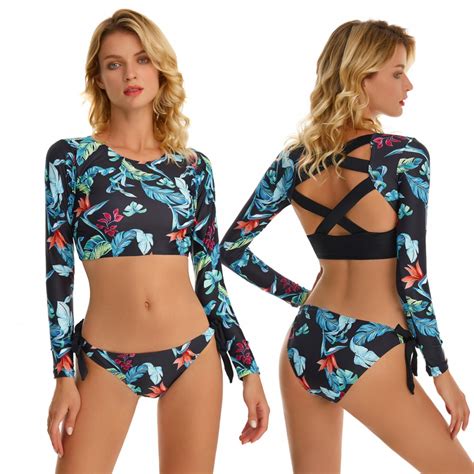 Women S Long Sleeve Bathing Suit Tropical Print Criss Cross Bikini