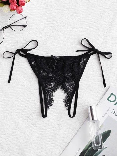 OFF Culotte Lingerie En Dentelle Avec Nœud Papillon Sans Entrejambe Dans Noir ZAFUL