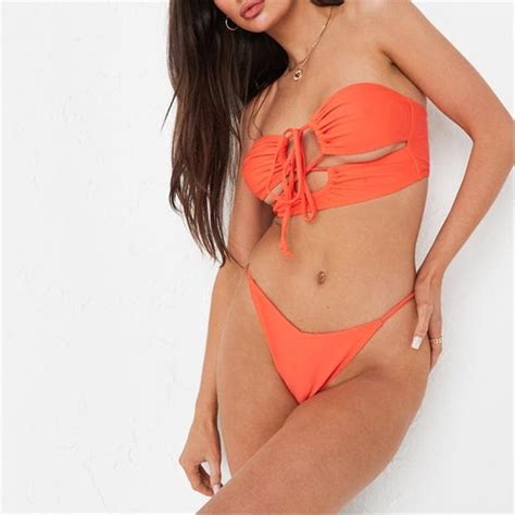 Missguided Tie Front Cut Out Bandeau Bikini Top Orange