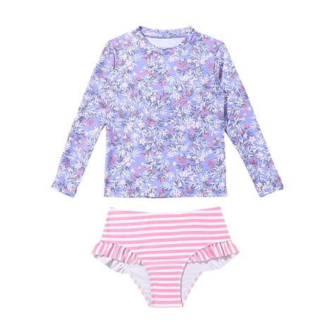Big Girls Swimsuit Swim Long Sleeve Bikini Set Floral Print Rash Guard Striped Swim Shorts