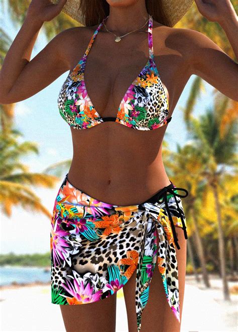 Floral Print Tie Multi Color Bikini Set Rosewe Usd