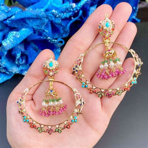 Light Weight Navratna Stone Studded Chandbala Earring Stud 22k Yellow