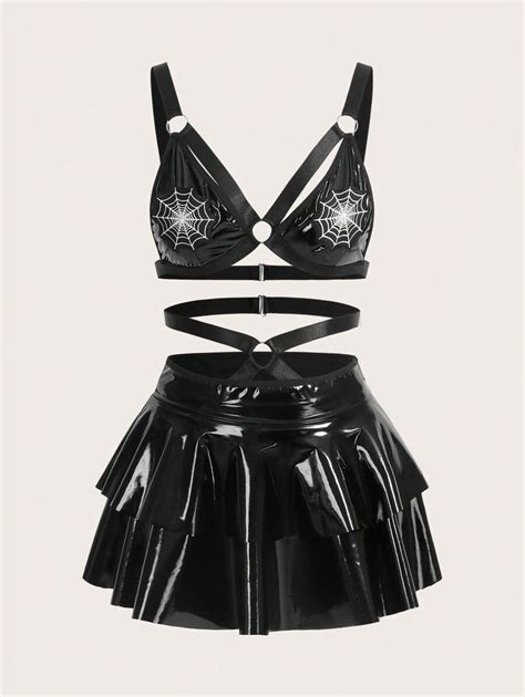 ROMWE Goth Pack Spider Web Print Ring Linked Lingerie Set SHEIN USA