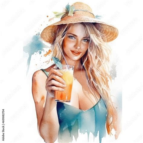 watercolor of a woman in a bikini enjoying the sun and the beach ilustração do Stock Adobe Stock