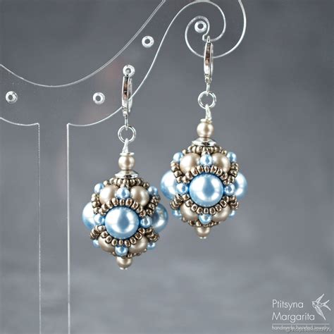 Серьги с бежевым и голубым жемчугом Сваровски и бисером купить в ...