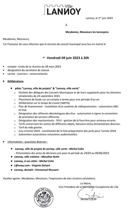 Ordre Du Jour Du Conseil Municipal Du 9 Juin 2023 Ville De Lannoy