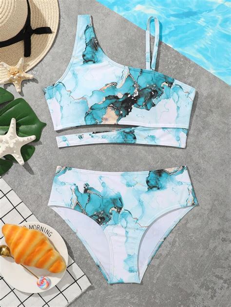 Tween Girl Marble Print Cut Out Bikini Set Summer Beach Shein Usa