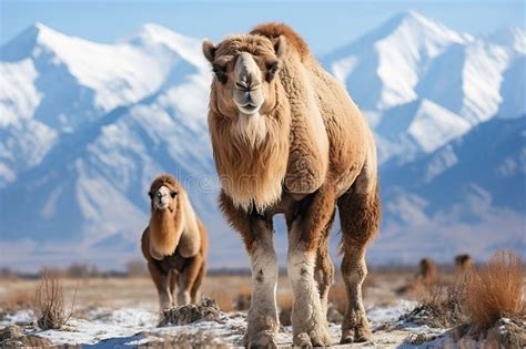 A Camel In The Snow On The Background Of Snow Capped Mountains Stock