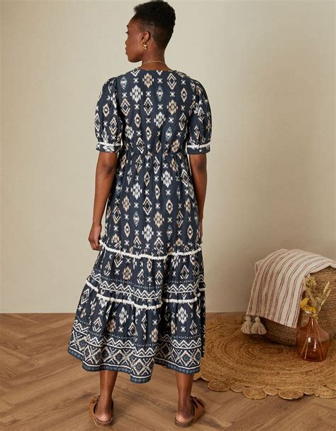 V Neck Button Ikat Print Midi Dress In Sustainable Cotton Blue Casual And Day Dresses Monsoon Uk