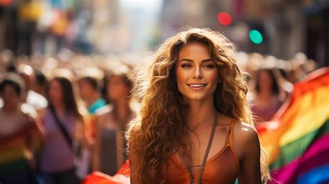 Premium AI Image Smiling Woman With Rainbow Flag At Pride Parade In City Happy Lesbian Taking