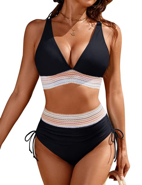 Blooming Jelly Womens High Waisted Bikini Sets Color Block Two Piece Swimsuit Tummy Control