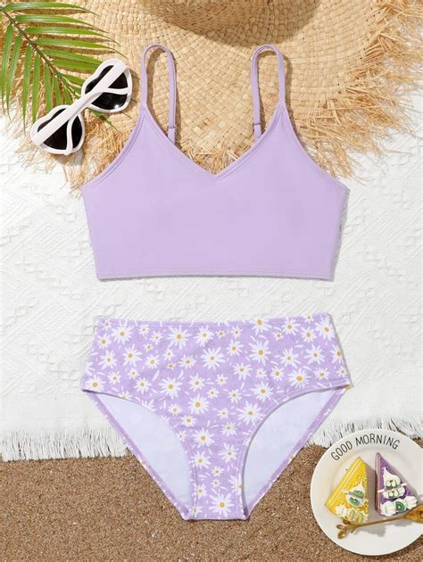Tween Girl Floral Print Bikini Set Summer Beach Shein Uk