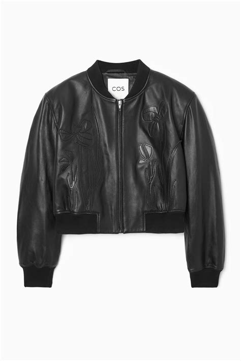 Cos Oversized Appliquéd Leather Bomber Jacket In Black Modesens