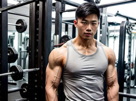 Premium AI Image Hot Muscular Asian Guy In Grey Tank Top In The Gym