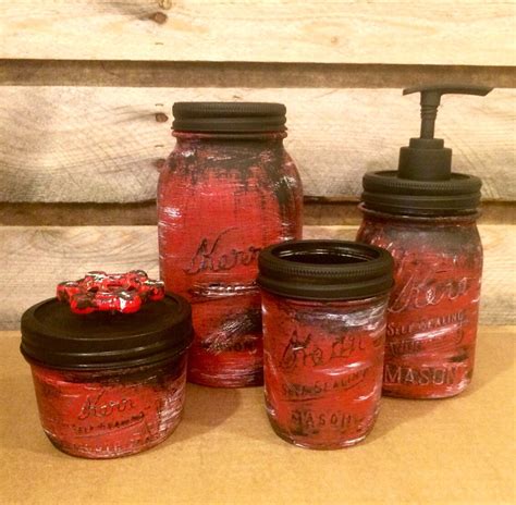 Mason Jar Bathroom Set Rustic Barn Red Mason Jars Red Mason Etsy