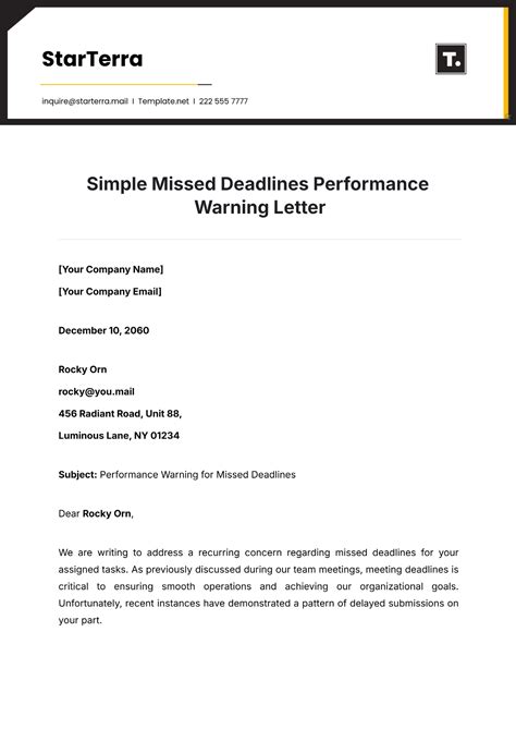 Free Simple Missed Deadlines Performance Warning Letter Template to