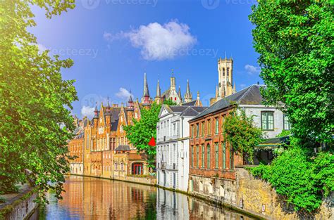 Bruges cityscape, Groenerei Green Canal water of Reie river with