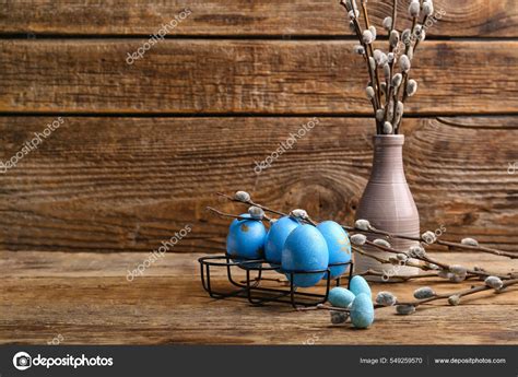 Painted Easter Eggs Vase Pussy Willow Branches Wooden Background Stock Photo Serezniy