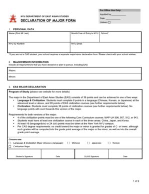 Fillable Online Eas As Nyu Eas Major Declaration Form Department Of