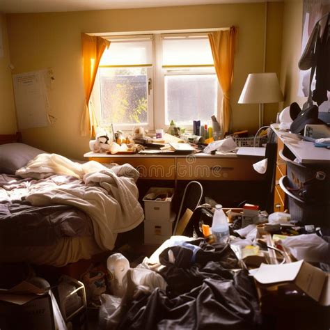 A Messy Bedroom With A Messy Bed And Desk Ai Generative Image Stock