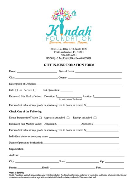 Fillable Kindah Foundation T In Kind Donation Form Printable Pdf