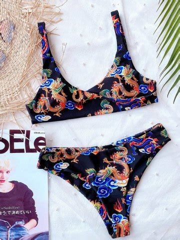 Emmiol Free Shipping 2026 Dragon Print Strap Bikini Set Black S In