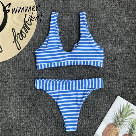 FREE SHIPPING Sexy Striped Bikini Push Up High Cut Swimwear JKP971 Allkpop Shop