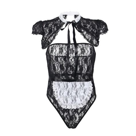 Sexi Lingerie Women Erotic Black Lace Sexy Costumes With Top Apron Hair Hoop Nylon Sheer Mesh