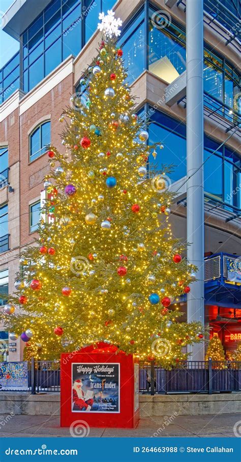 Christmas Tree In Downtown Urban Setting At Dusk Editorial Stock Photo
