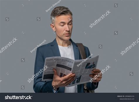 Interest Interested Elegant Mature Man Gray Jacket Reading Newspaper Photos And Images
