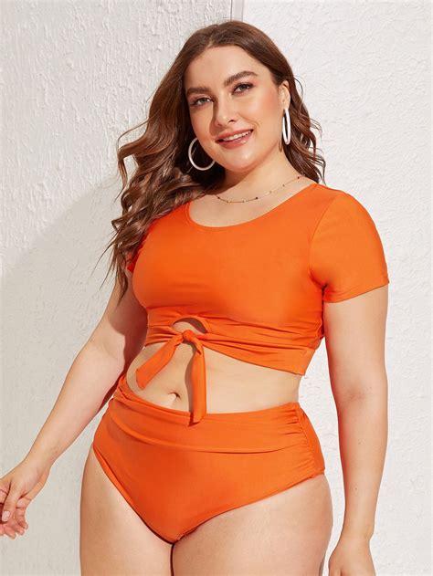 Plus Neon Orange Keyhole Short Sleeve Bikini Set Artofit