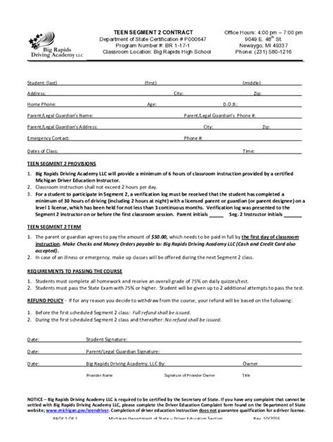 Fillable Online Teen Driver Education Segment 2 Contract Fax Email
