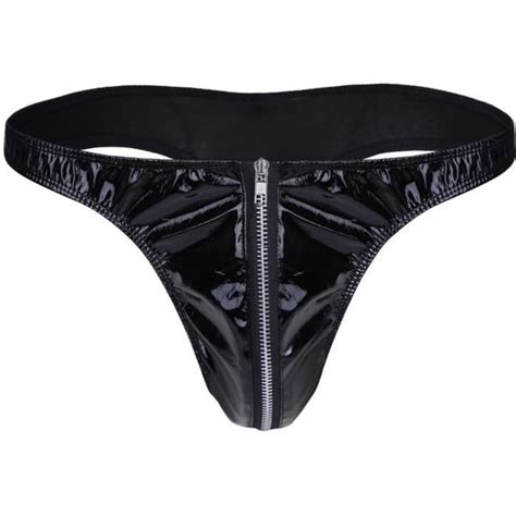 Yonghs Fr Homme Sexy String Cuir Verni Slip Wetlook Lingerie Erotique Jockstrap Ouvert Zipp M
