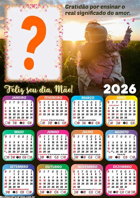 Dia Da Gratidão 2026 - Calendário 2026 Gratidão Dia das Mães Montagem de Foto | Colagem de Foto
