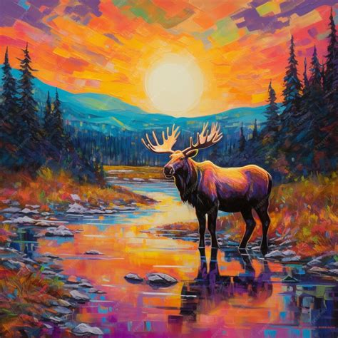 Premium Ai Image A Painting Of A Moose In A River With Mountains In