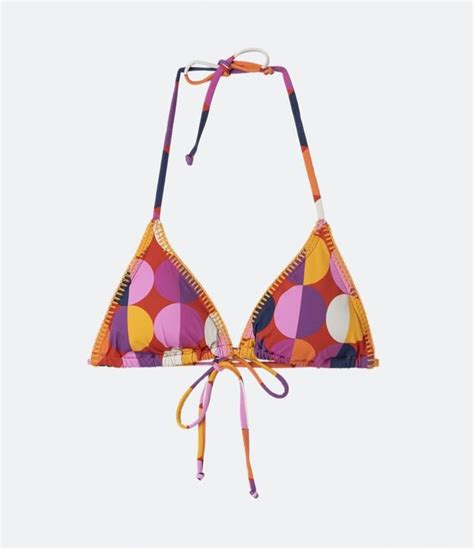 Bikini Top Triangulo Fruncido En Microfibra Estampada De Lunares De Colores Multicolores