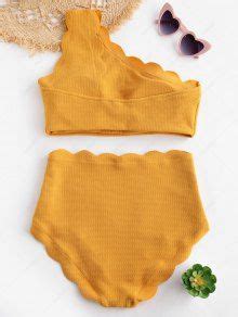 High Waisted Scalloped One Shoulder Bikini Set In MUSTARD ZAFUL 2024