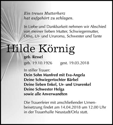 Traueranzeigen Von Hilde K Rnig Abschied Nehmen De