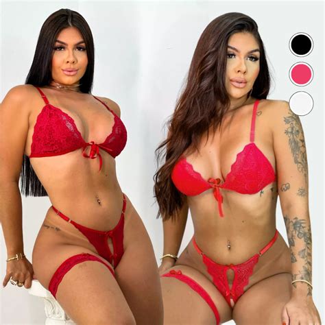 Conjunto Sexy Lingerie Apressadinha Trio Calcinha Sutiã e Perneira Sensual sem Bojo Renda