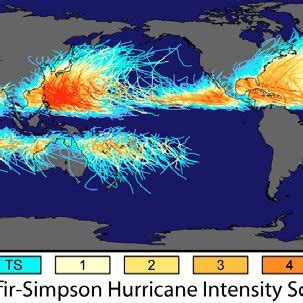 Tracks and intensity of all tropical storms (from... | Download ...