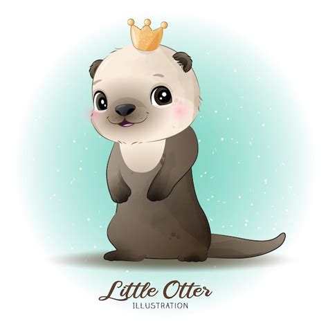 Premium Vector Cute Litter Otter With Watercolor Illustration