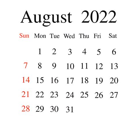 Calendar August White Transparent Calendar August 2022 Calendar