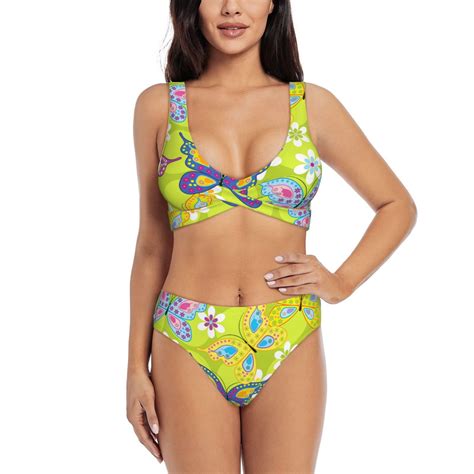 Payohto Women S Cross Front Bikini Set With High Elasticity Soft Padding Butterfly Flower